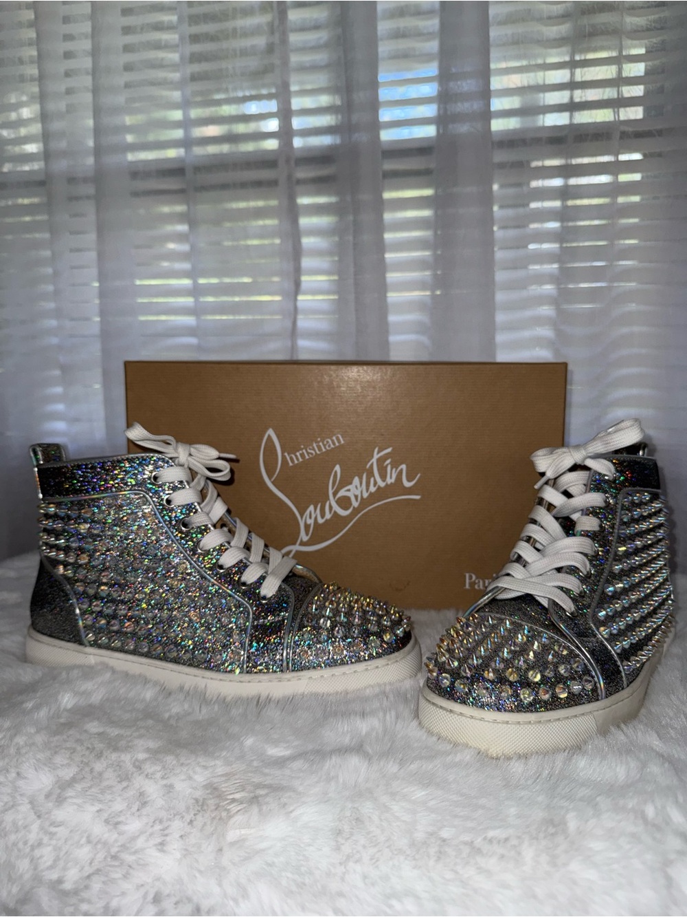 Christian Louboutin Silver Crystal High-Top Sneakers